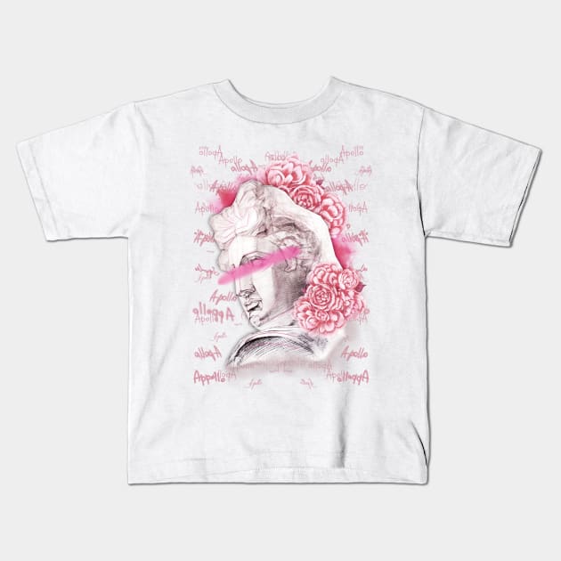 Apollo head statue with a pink peony flowers and buds on a black background. Kids T-Shirt by Olena Tyshchenko